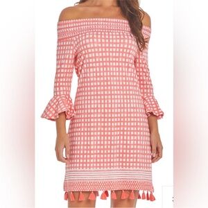 Cabana Life Nantucket Off Shoulder‎ Dress Tassels Smocked 50+ UPF Coral Check XS
